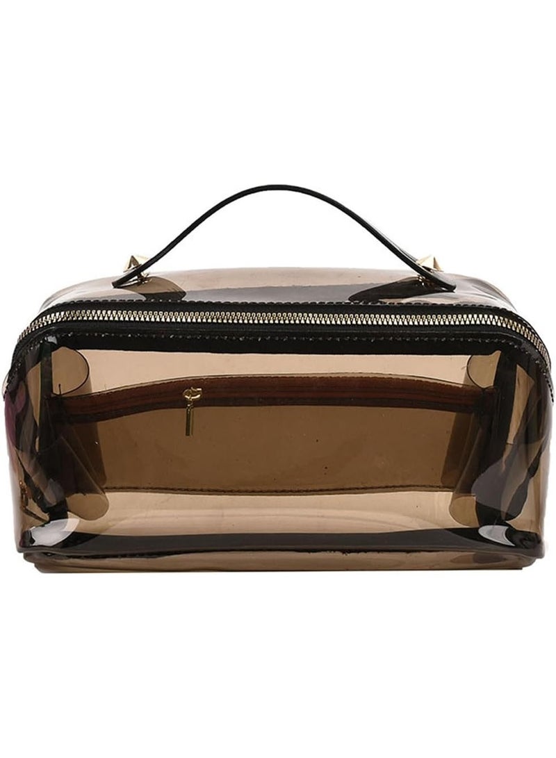 تظهر الصورة حقيبة مكياج ومنظم مستحضرات تجميل بتصميم عصري وعملي لون بنى شفاف - Image 1